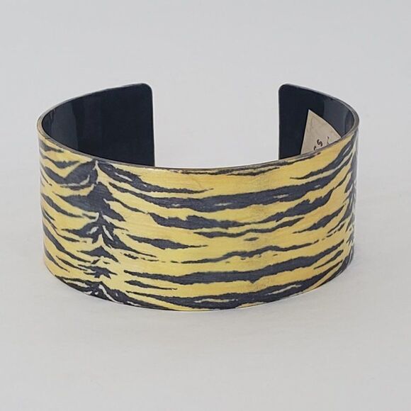 Boutique Jewelry - Yellow Black Tiger Stripe Glitter Enamel Metal Cuff Statement Wide Bracelet
